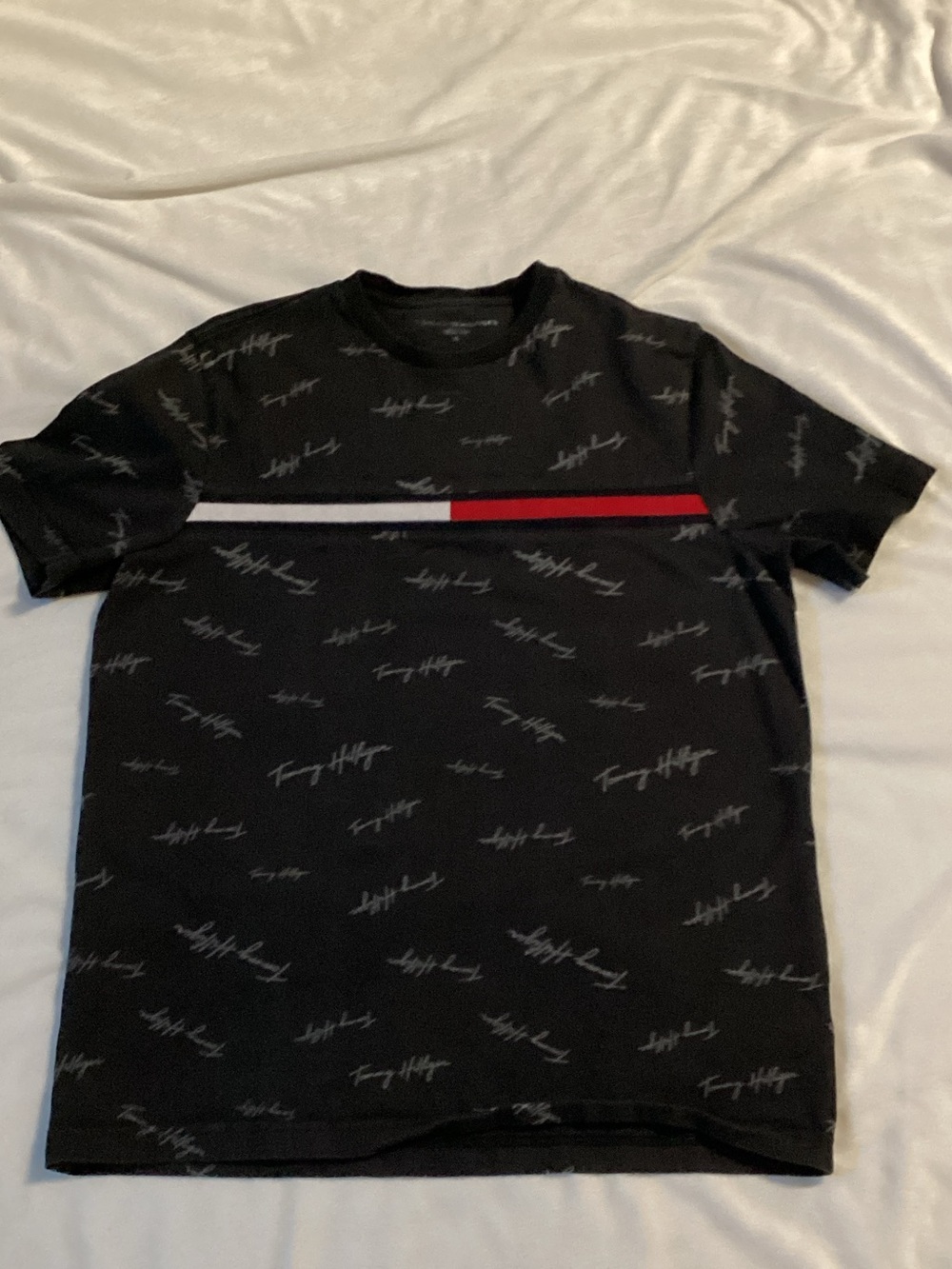 Tommy Hilfiger Black All Over Script Logo T with White &  Red Logo Stripe, Sz M